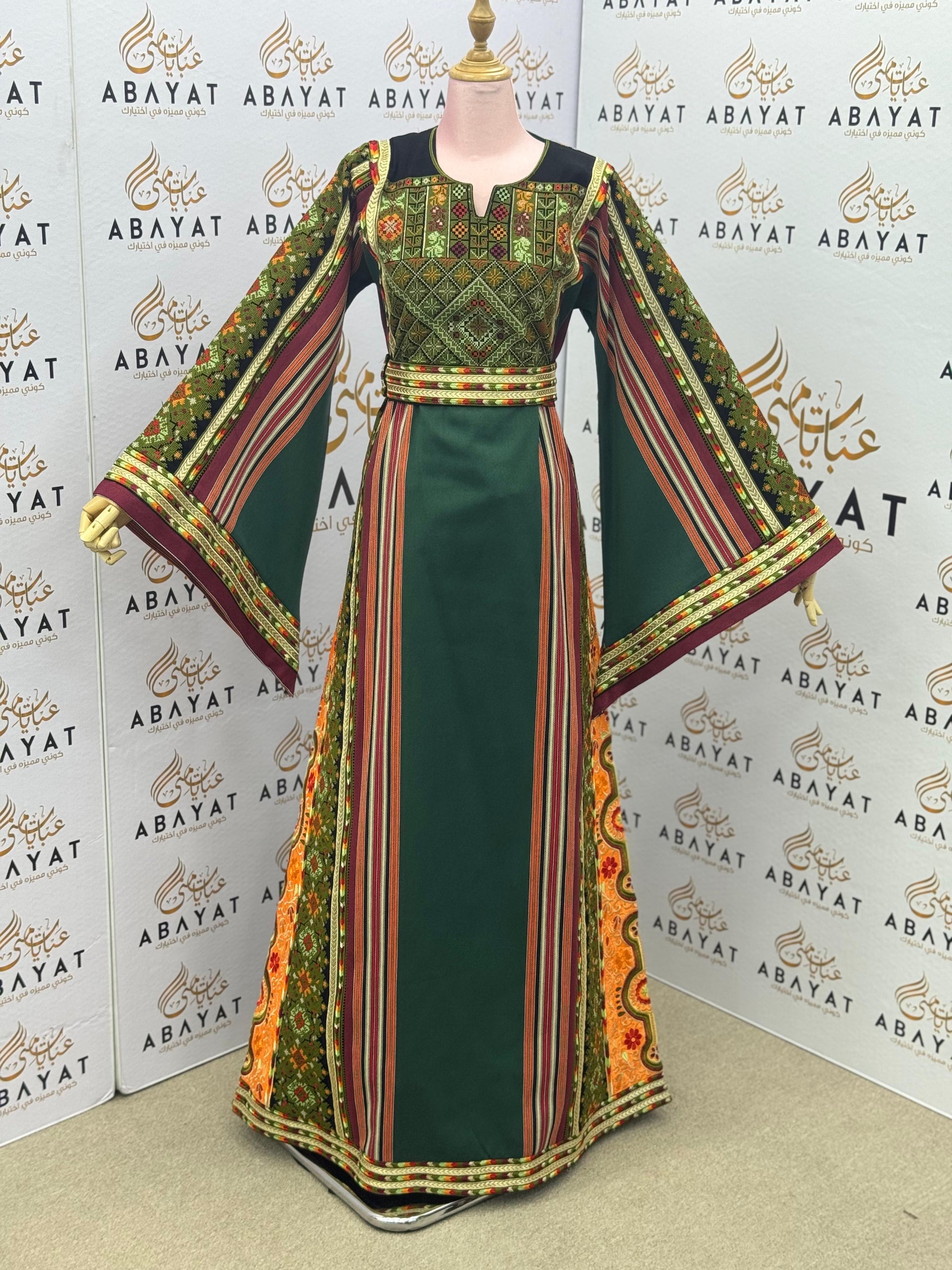 Palestinian Thobe – Green on black with Multicolor Embroidery & Stripes A09092025