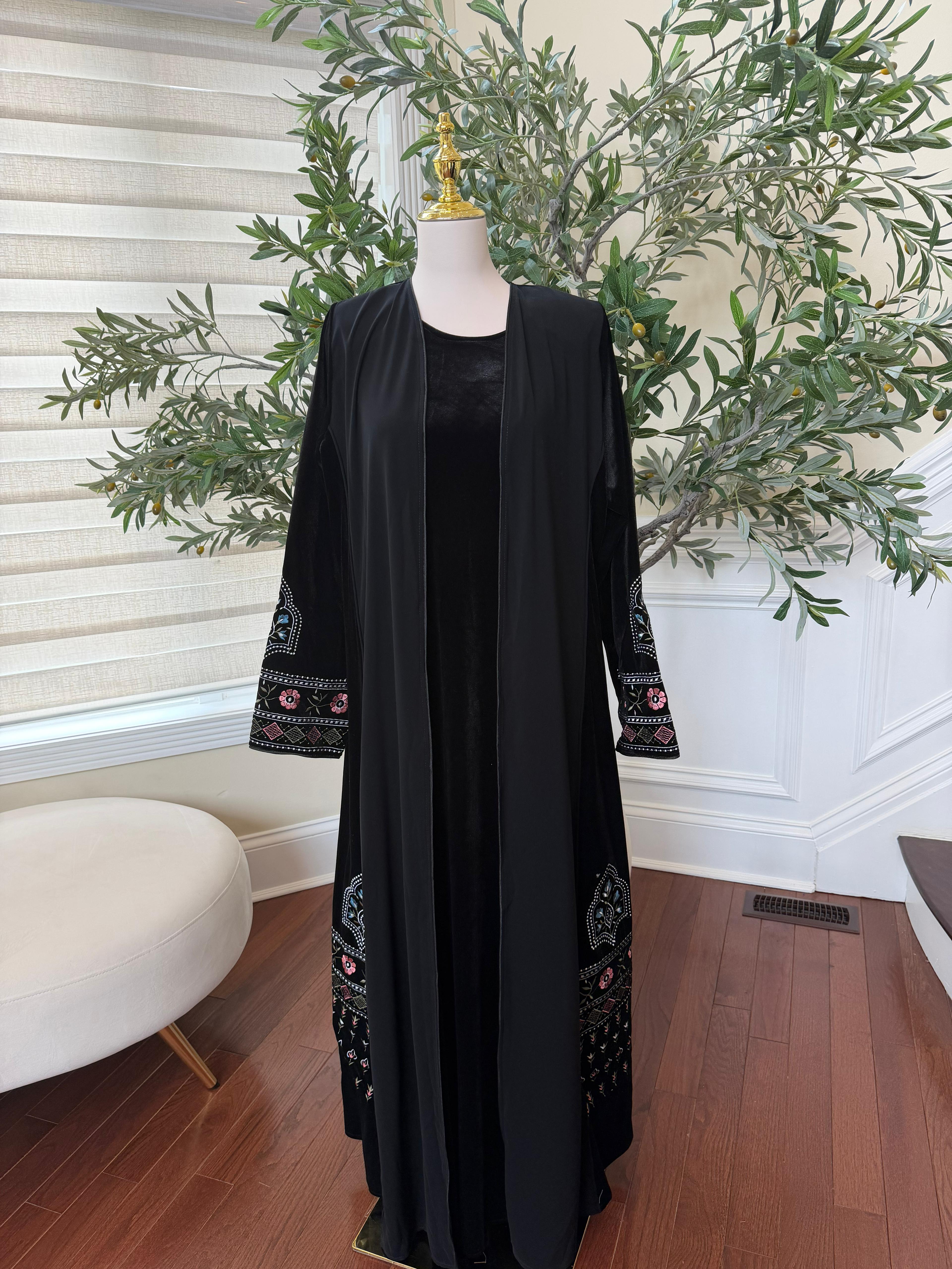 Black Velvet with Chiffon Embroidery Two Piece Abaya