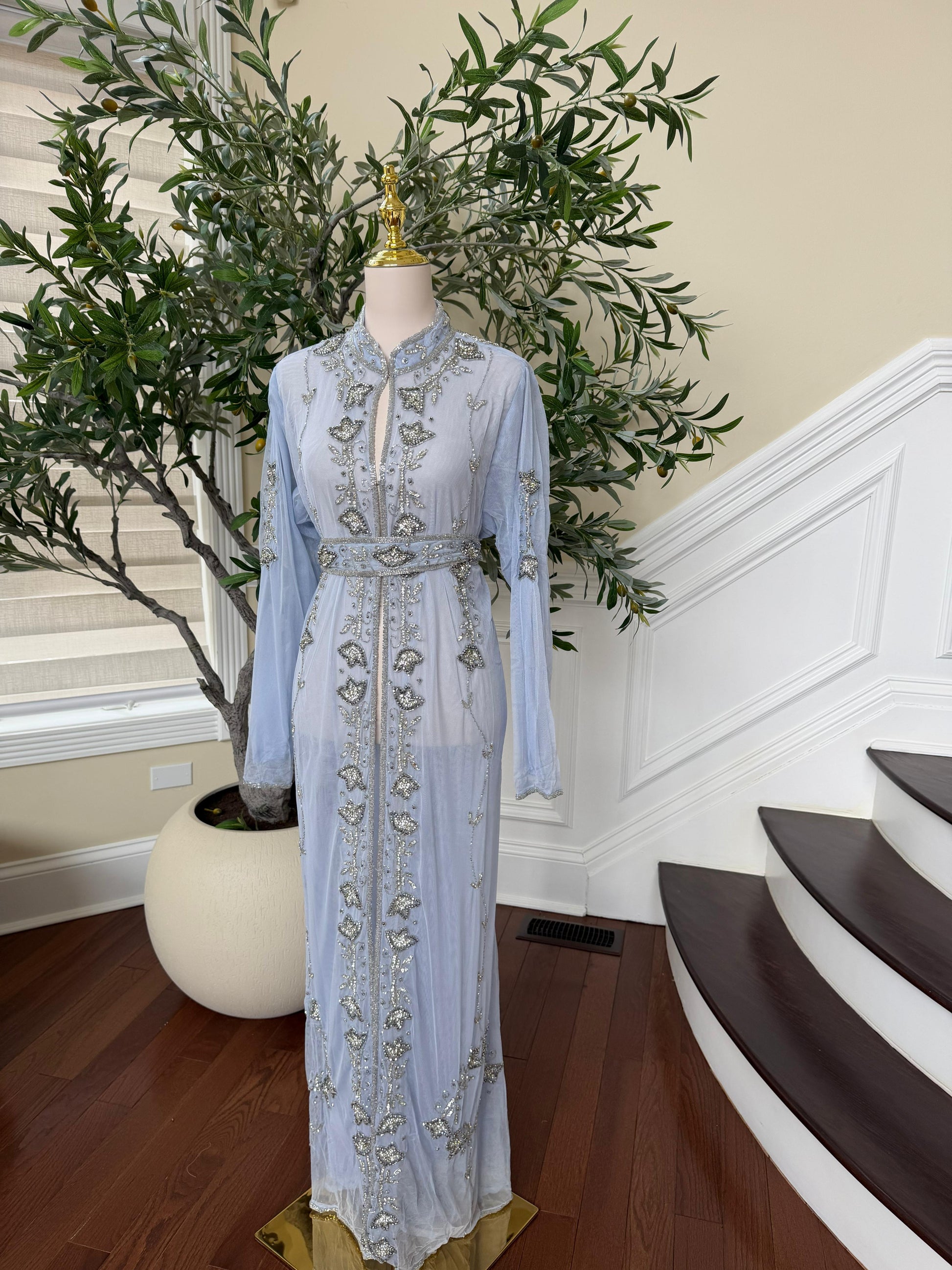 Baby Blue Cardigan Silver Abaya