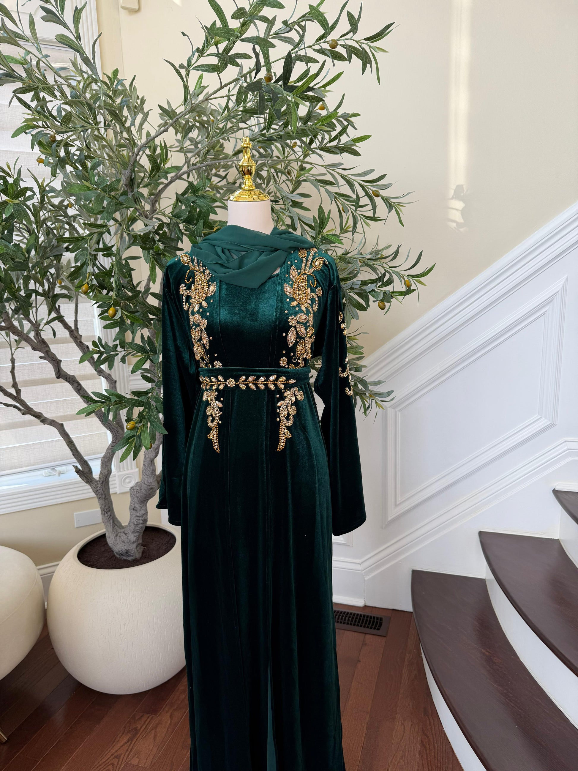 Golden Green Velvet Crystal Two Piece Abaya