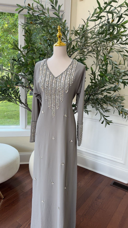 Moonlight Grace – Soft Grey Kaftan with Silver Embellished Design