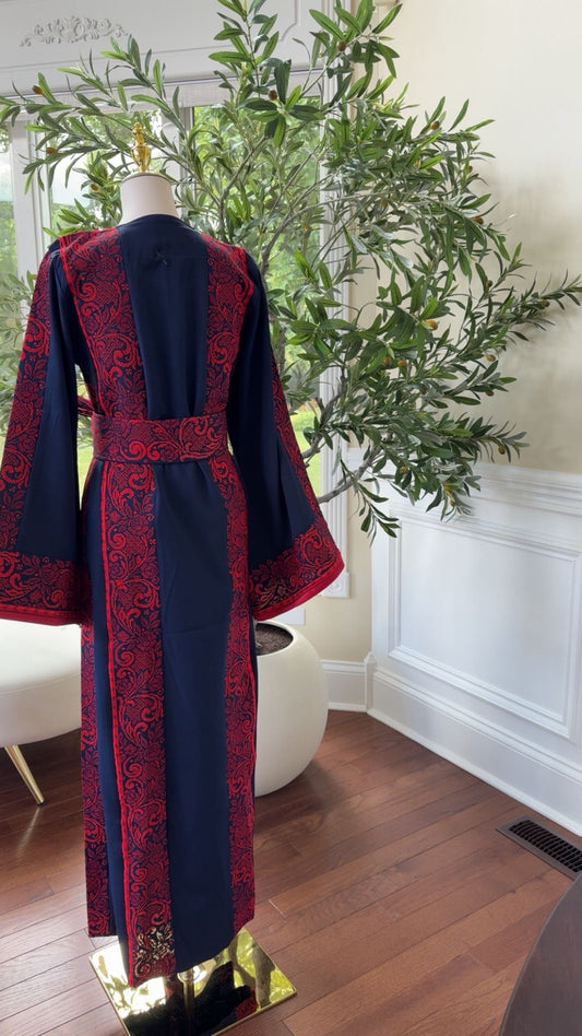Navy Elegance with Traditional Red Embroidery Thobe