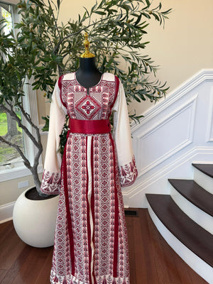 White Traditional Embroidery Red Tatreez Thobe