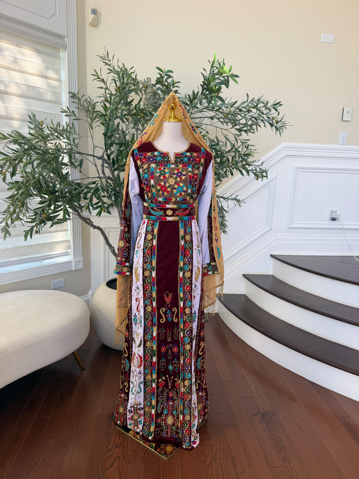 Elegant Burgundy Velvet Thobe with Colorful Embroidery and Matching Skirt included (scarf not included)