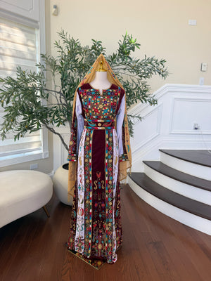 Elegant Burgundy Velvet Thobe with Colorful Embroidery and Matching Skirt included (scarf not included)