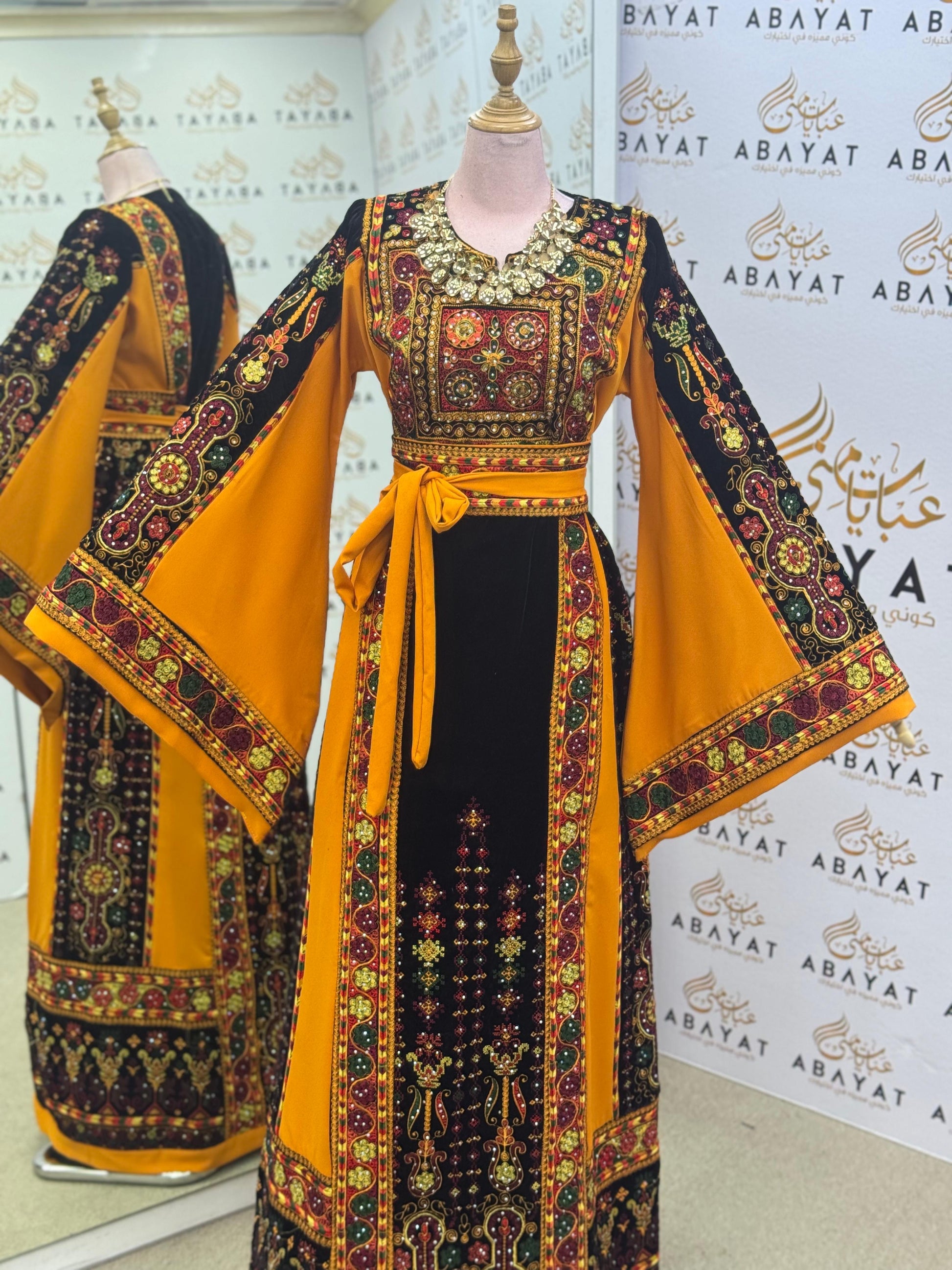 Premium Palestinian Malakah Thobe – Bright Mustard & Black Embroidery
