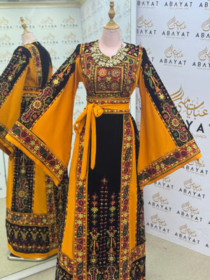 Premium Palestinian Malakah Thobe – Bright Mustard & Black Embroidery