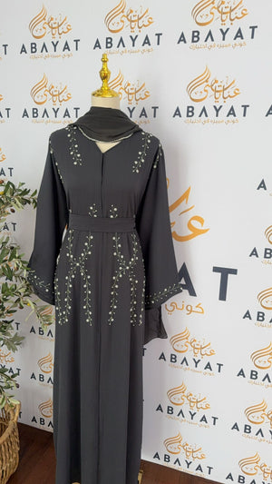 Ethereal Grey Abaya with Vine Detailing