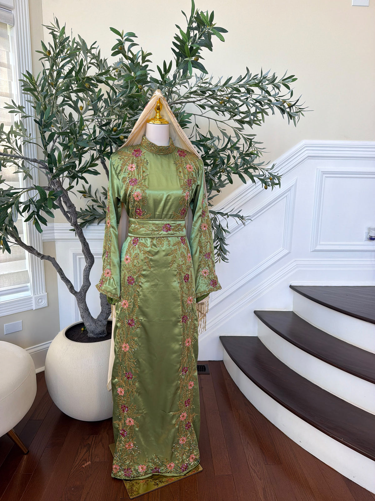 Elegant Sage Green Satin Thobe with Pink Floral Embroidery, Gold Detailing, and Matching Belt( scarf not included)