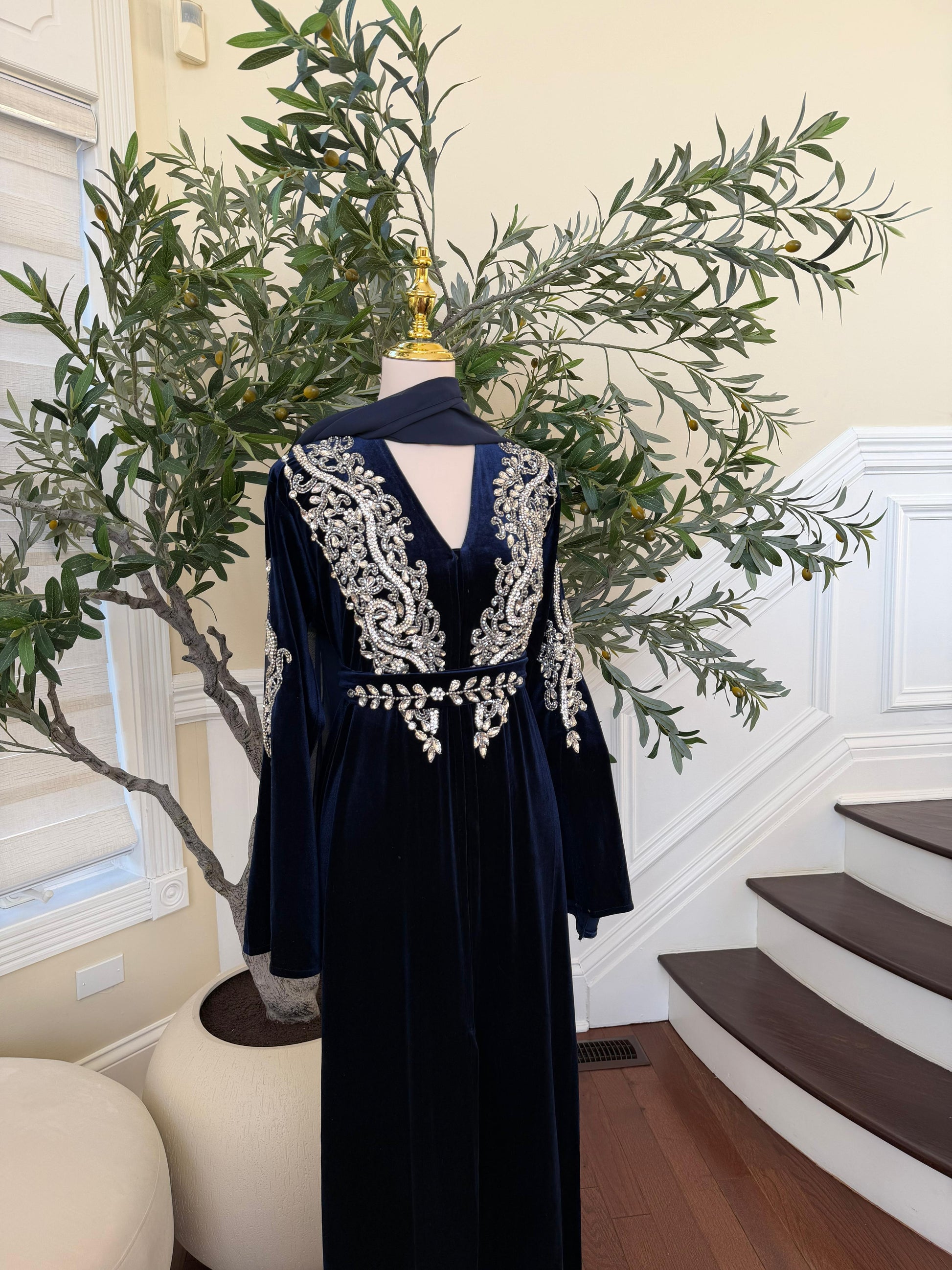 Navy Blue Velvet Beaded Stone Charm Abaya