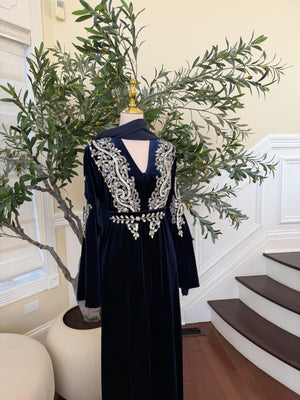 Navy Blue Velvet Beaded Stone Charm Abaya