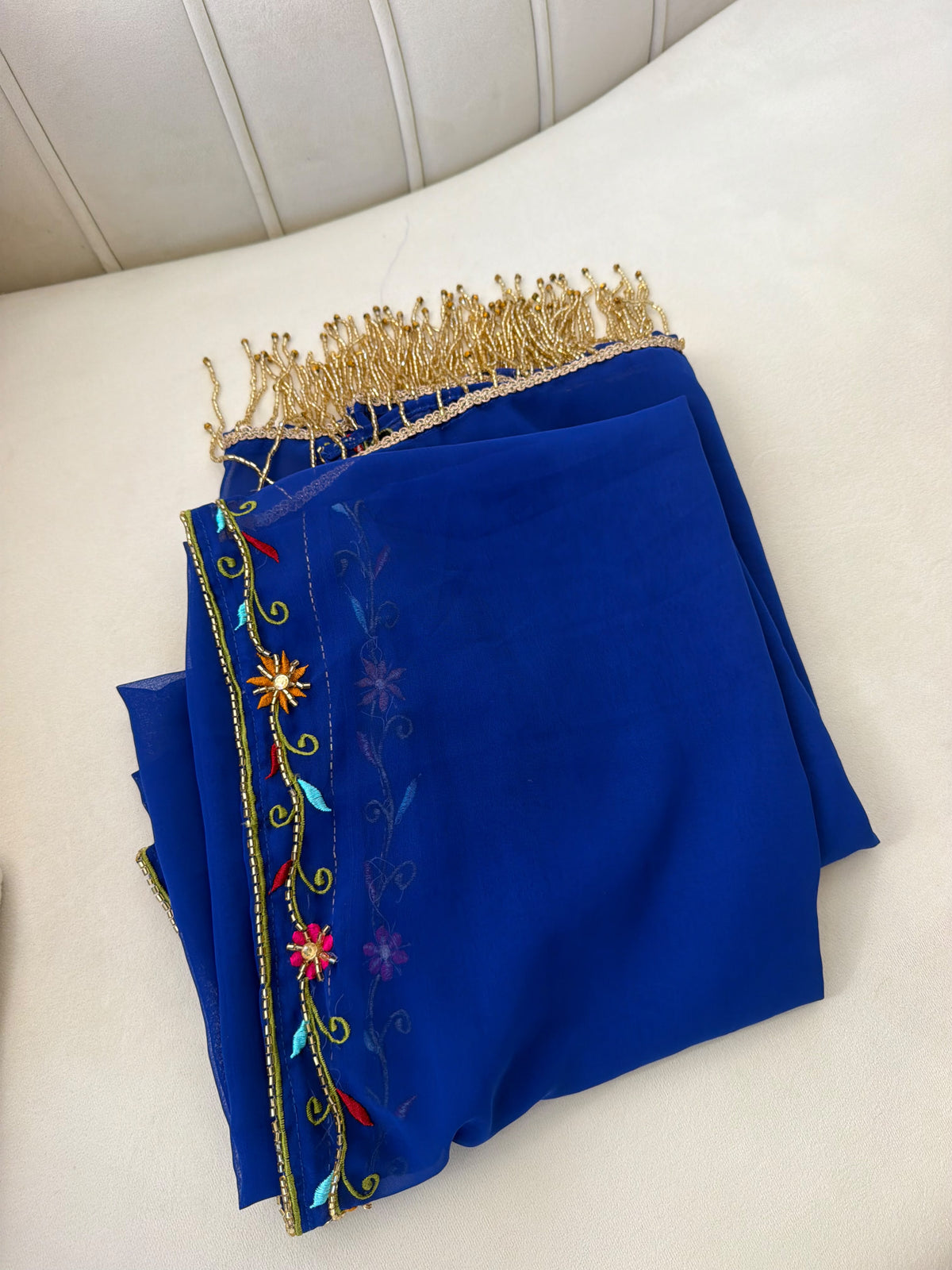 Royal Blue Sheer Shawl with Colorful Floral Embroidery and Gold Fringe