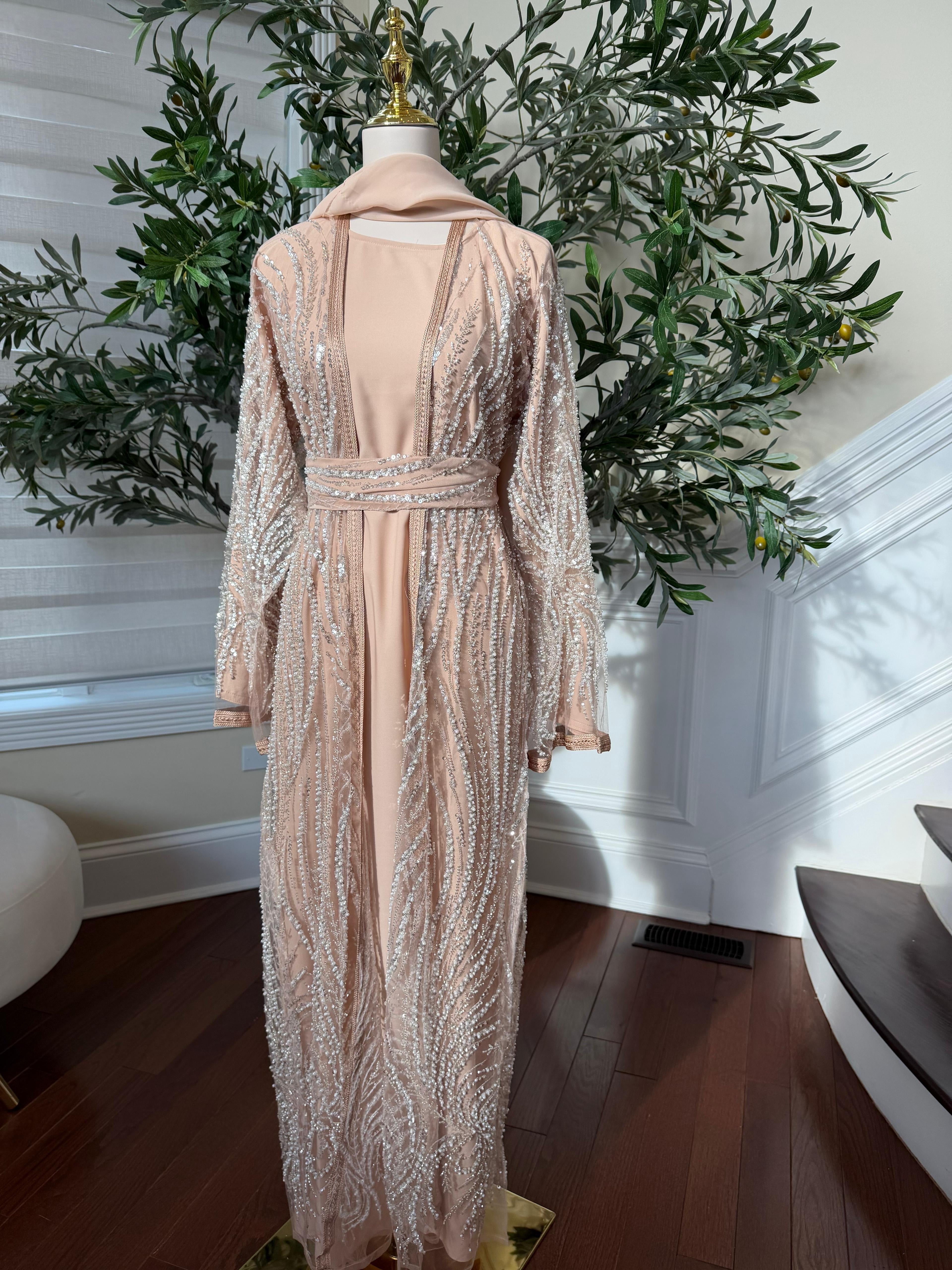 Peach Silver Sequin Beaded Abaya