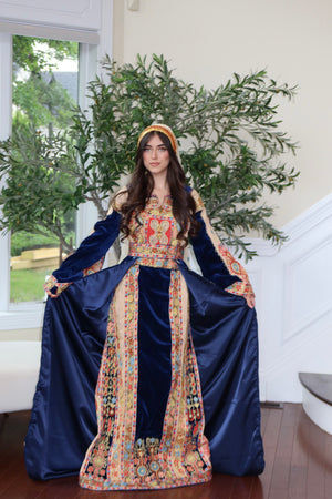 Royal Blue Malaka Handmade Thobe – Luxe Velvet & Intricate Tatreez Skirt and Khirka Shal included