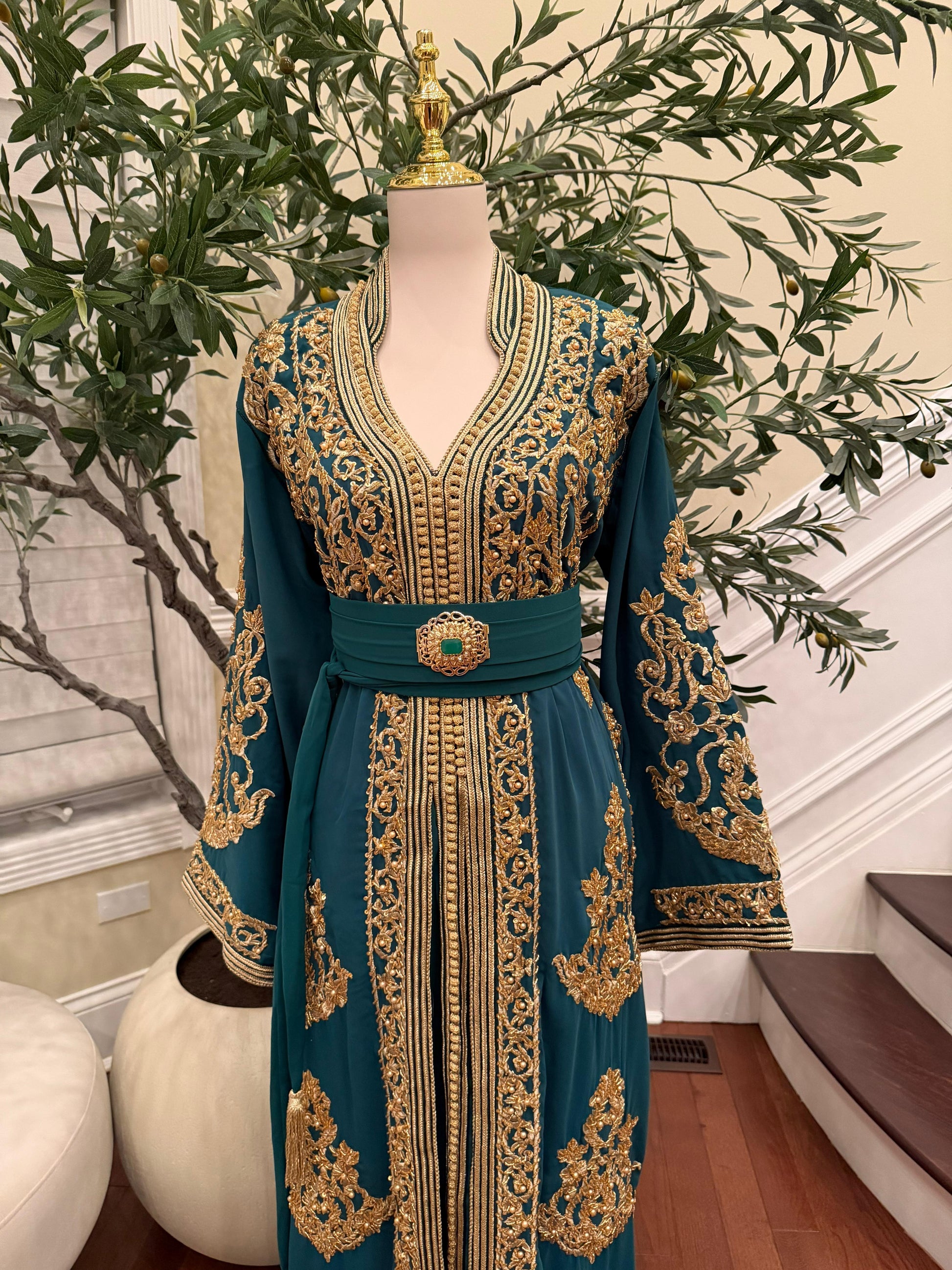 Deep Teal Kaftan Featuring Intricate Gold Detailing