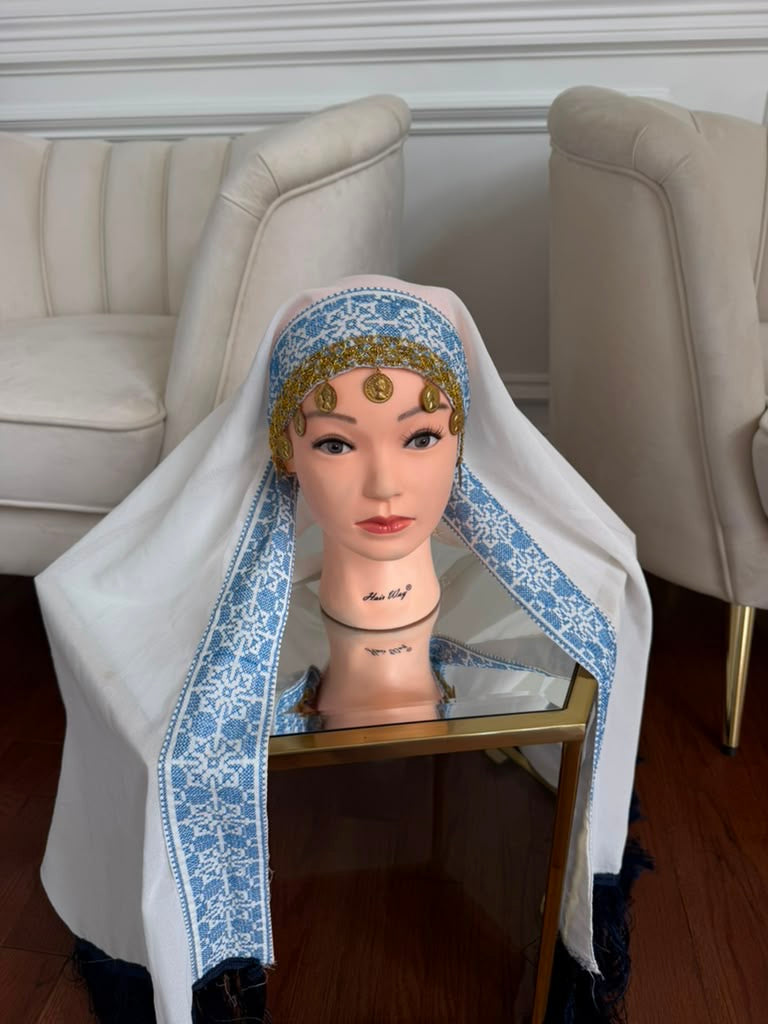 White Embroidery Baby Blue Tatreez Khirka Shal
