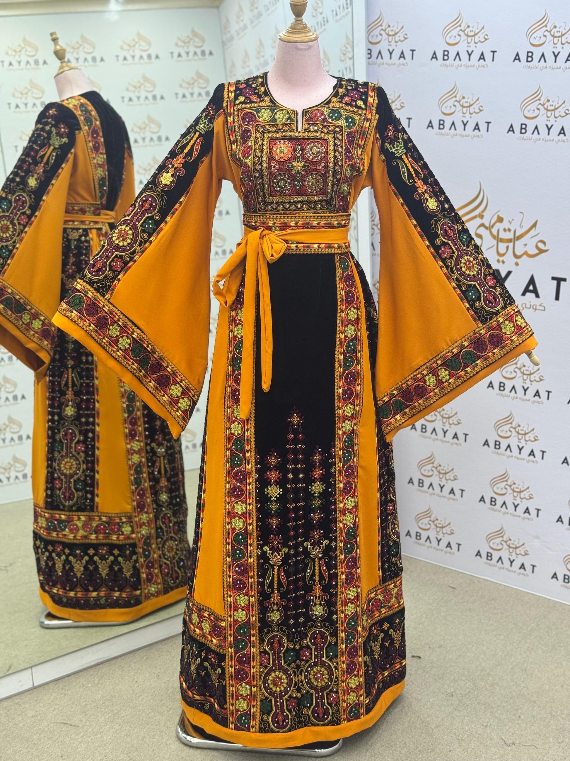 Premium Palestinian Malakah Thobe – Bright Mustard & Black Embroidery