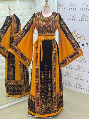 Premium Palestinian Malakah Thobe – Bright Mustard & Black Embroidery