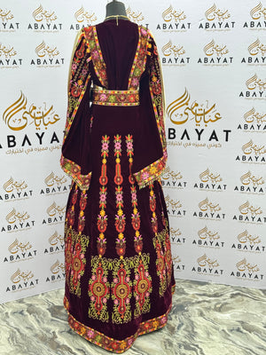 Burgundy Velvet Palestinian Embroidered Thobe with Multicolor Tatreez, Traditional Shawl & Overskirt Set