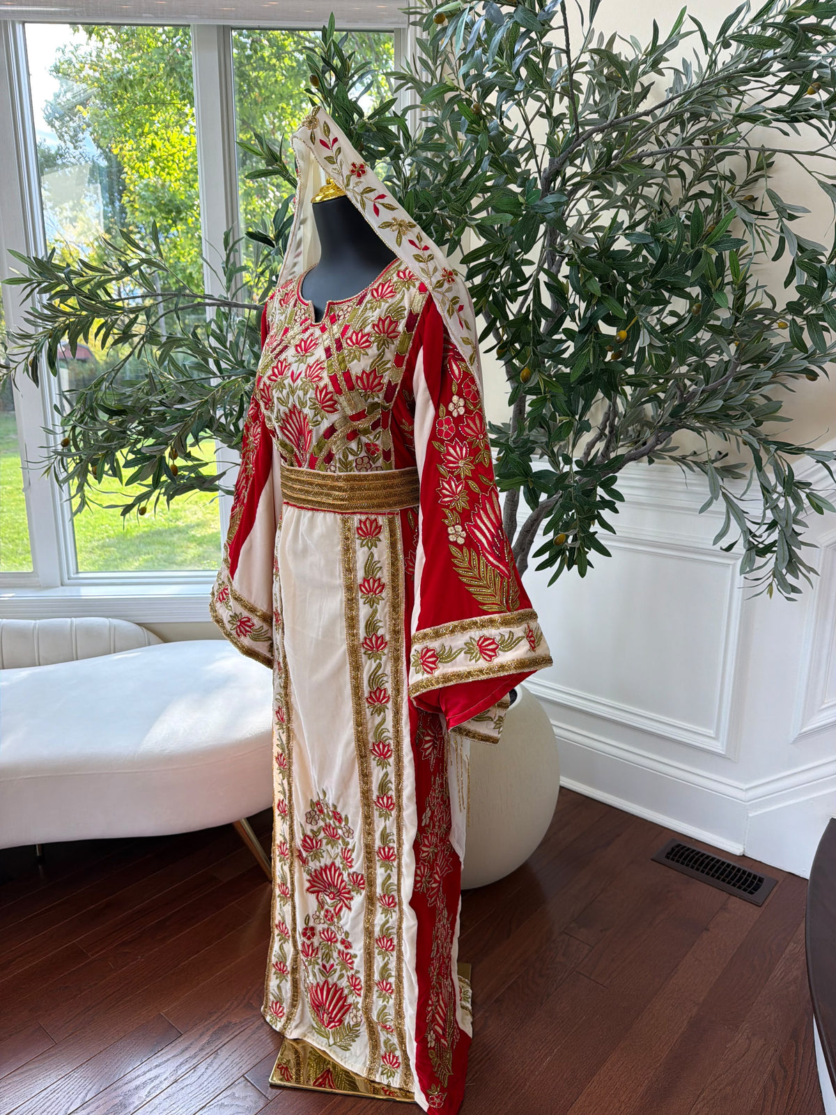Elegant Cream and Red Thobe with Gold Floral Embroidery(scarf not included)