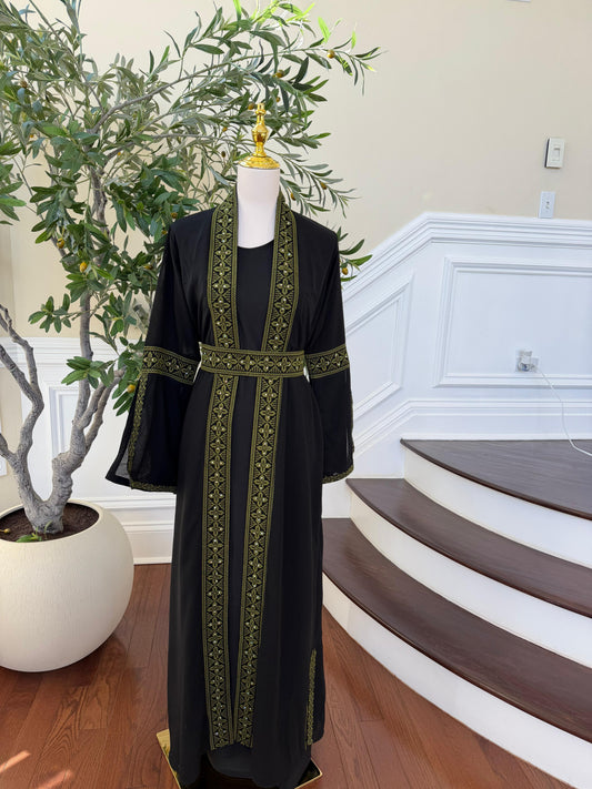 Black Embroidery Green Tatreez Two Piece Thobe