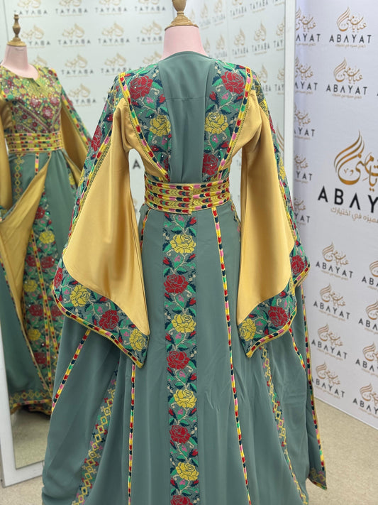Luxury Palestinian-Inspired Embroidered Thobe with Golden Satin Panels – Floral Tatreez Design