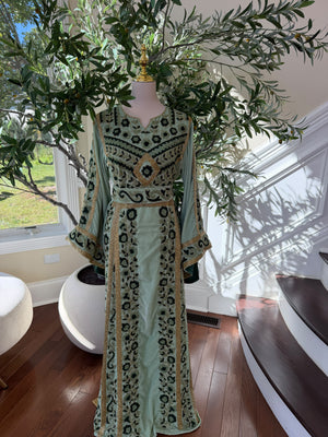 Sage Green & Gold Embroidered Palestinian Thobe (scarf not included)