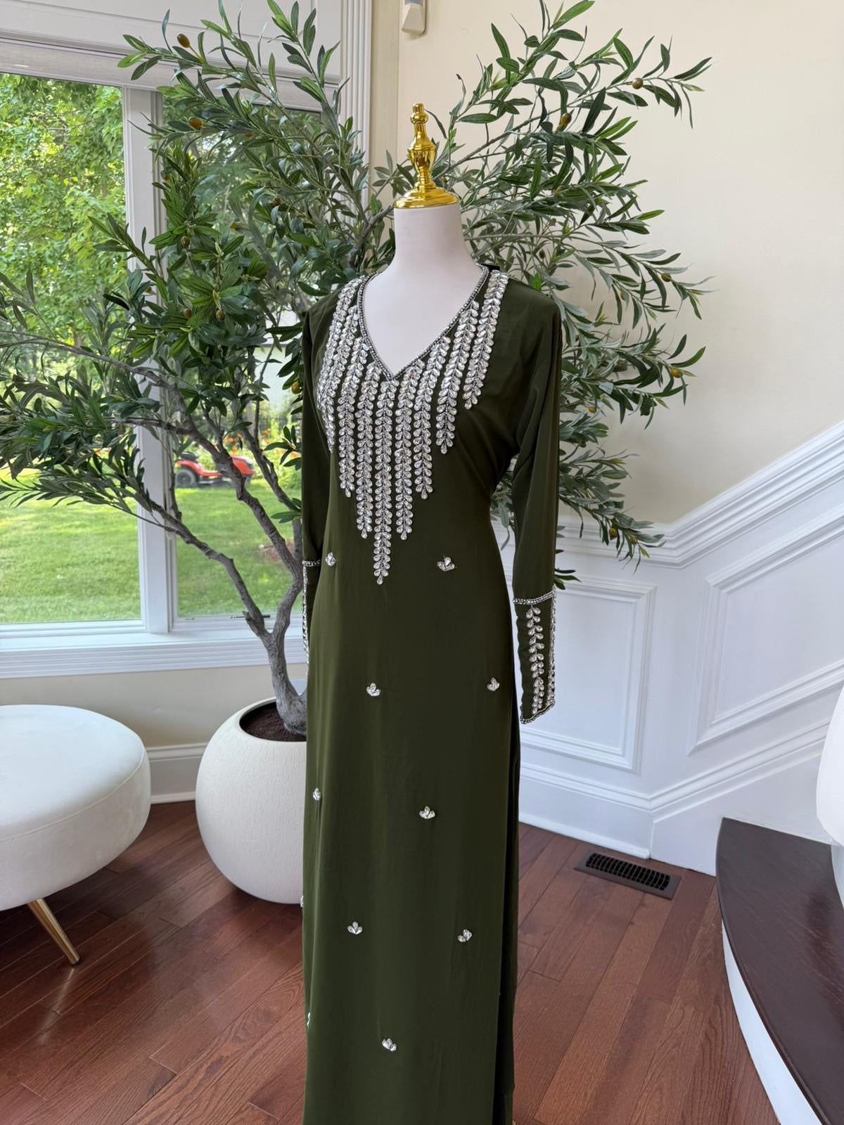 Olive Forest Bloom – Modest Kaftan with Hand-Embellished Neck & Sleeves