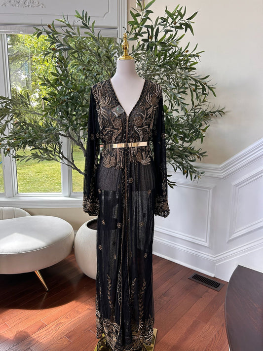 Elegant Designed Floral Golden Stone Cardigan Abaya