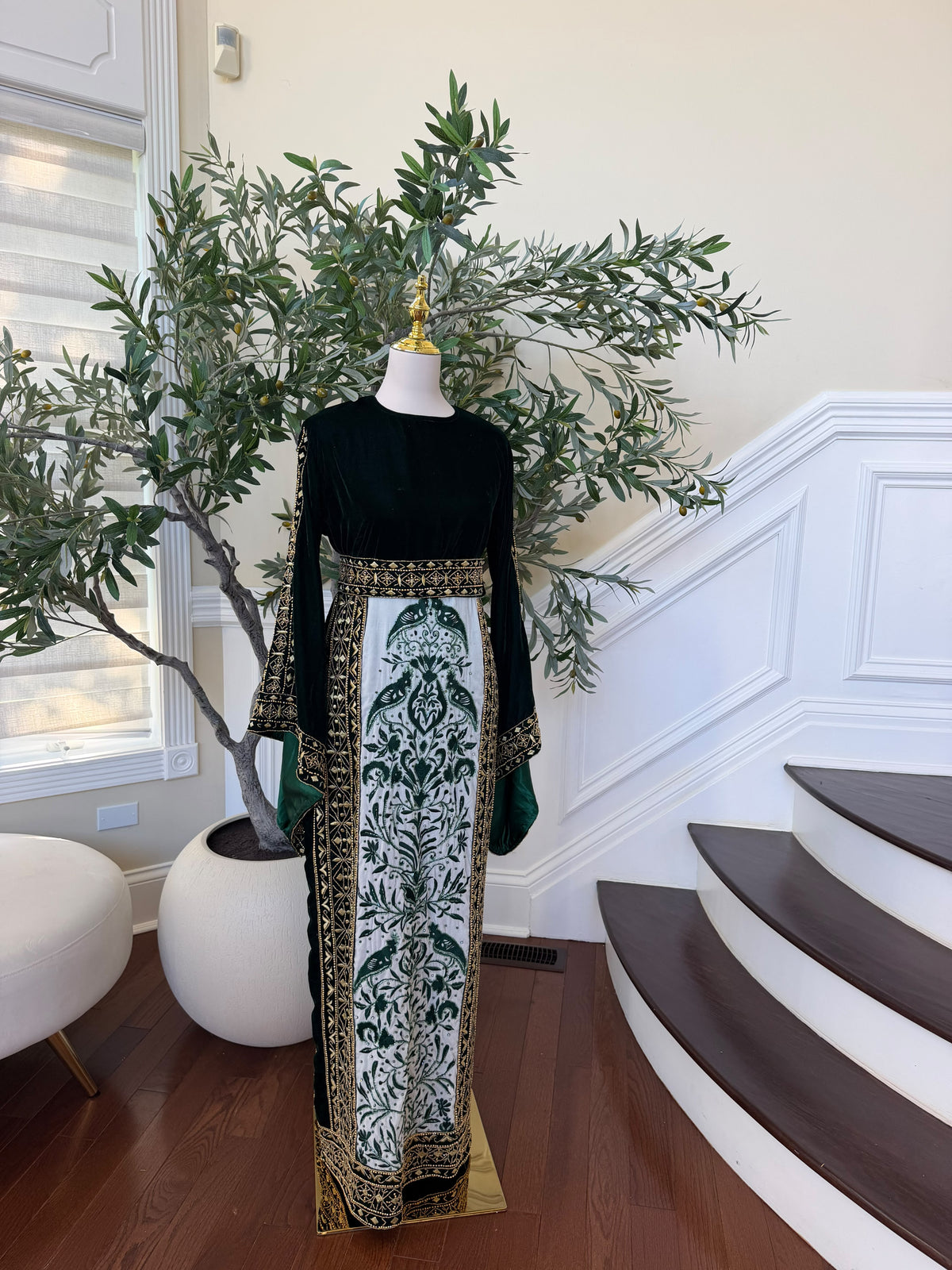 Elegant Black Velvet Thobe with Emerald Green Embroidery and Gold Detailing