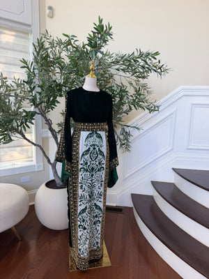 Elegant Black Velvet Thobe with Emerald Green Embroidery and Gold Detailing