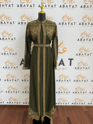 Elegant Tatreez Golden Green Dress