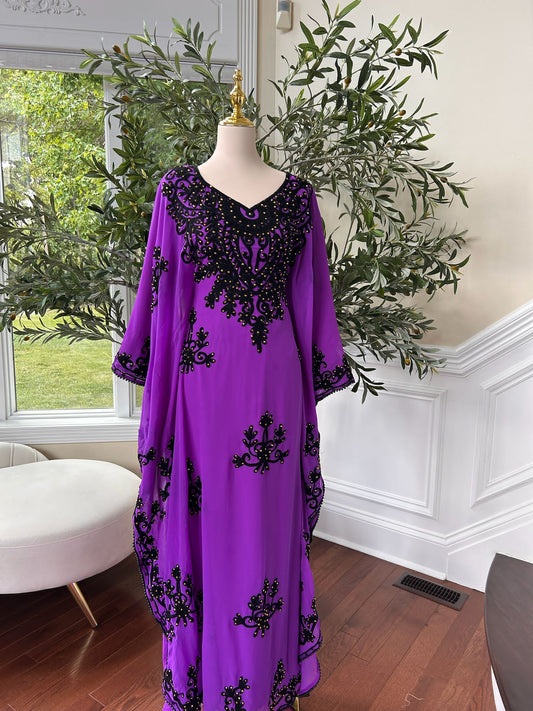 Royal Purple Kuftan Dress with Black Beaded Detail