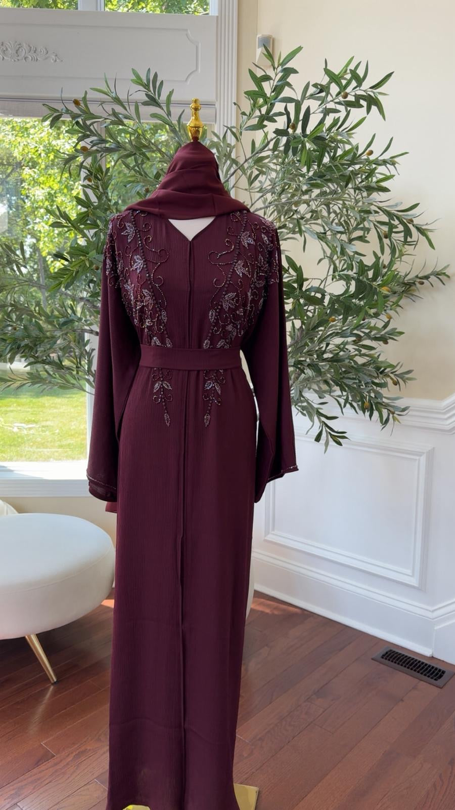 Burgundy Rose Quality Beaded Abaya