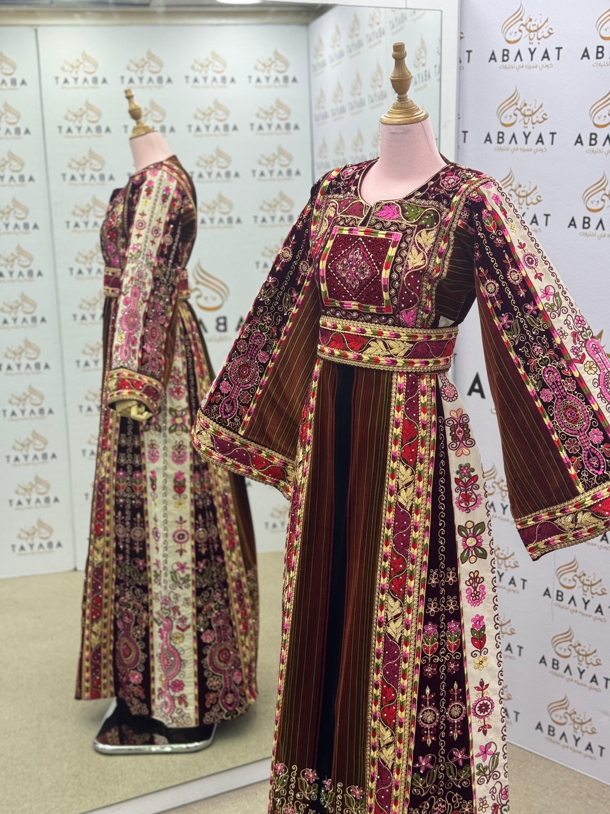 Premium Palestinian Velvet Thobe – Burgundy & Fuchsia Embroidery Jana & Nar