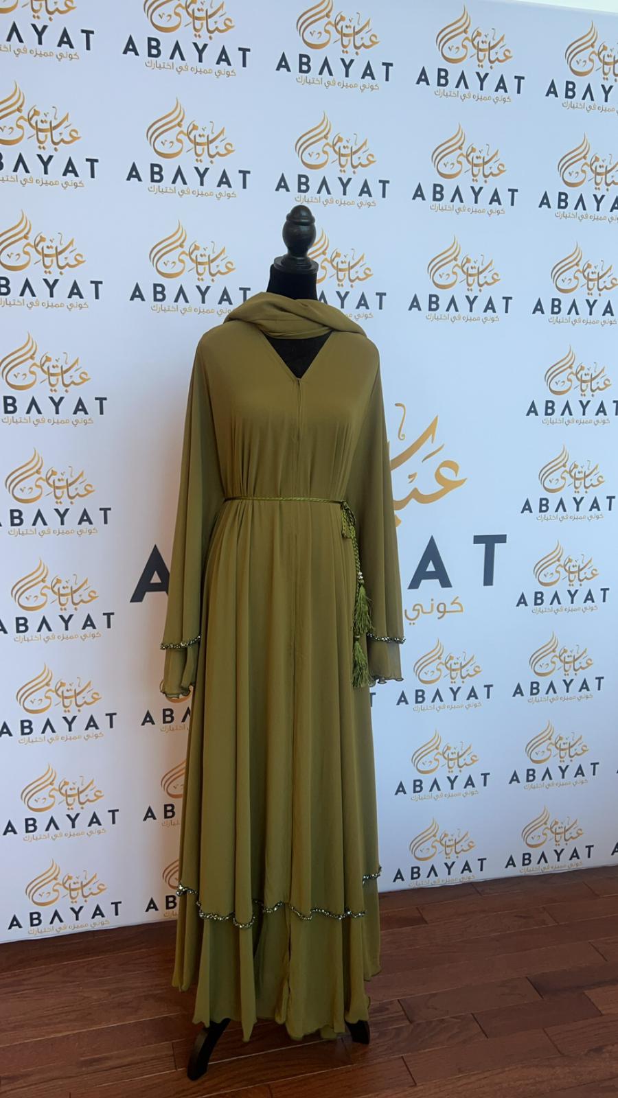 Green Open Ruffled Stone Abaya