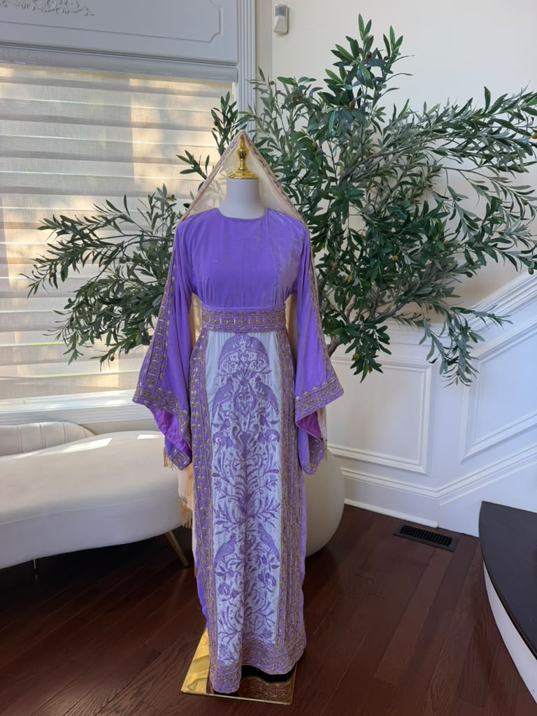 Elegant Lavender Velvet Palestinian Thobe with Gold Embroidery(scarf not included)
