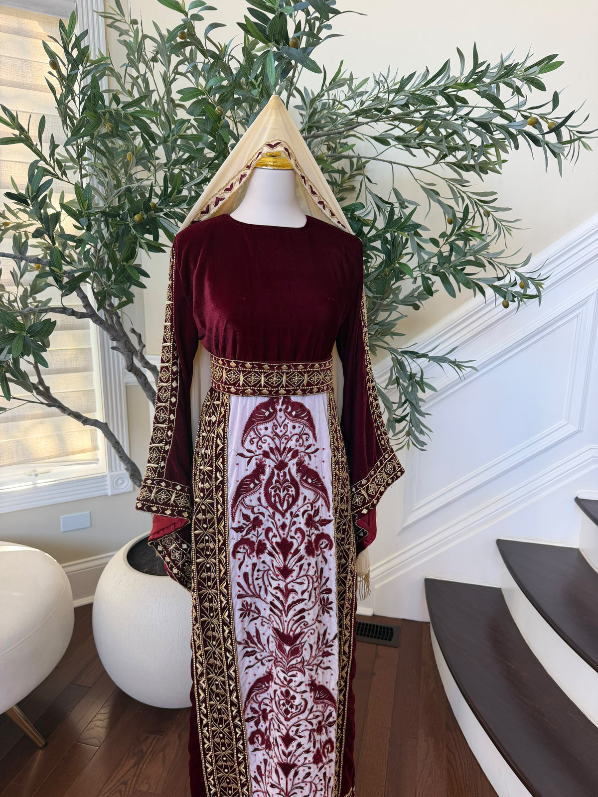 Elegant Burgundy Velvet Palestinian Thobe with Gold Embroidery