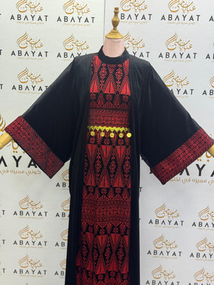 Black & Red Palestinian Thobe with Traditional Tatreez Embroidery and Open Abaya A1968