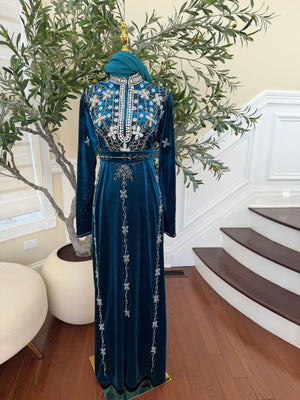 Turquoise Crystal Velvet Design Elegance Abaya