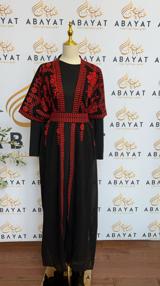 Red Tatreez Two Piece Abaya