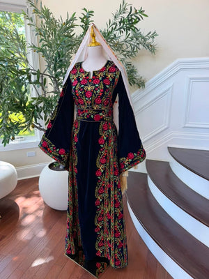 Velvet Blue Floral Embroidered Tatreez Thobe