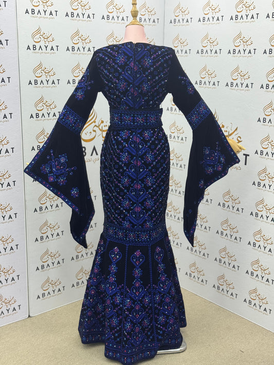 Midnight Blue Velvet Palestinian Thobe – Purple & Blue Tatreez Embroidery with Belt A09042025