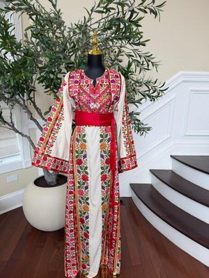 White Floral Embroidery Tatreez Thobe