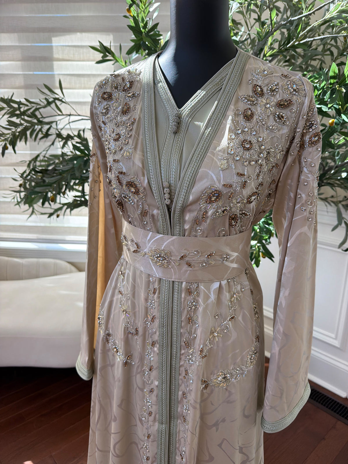 Elegant Champagne Beige Embroidered Moroccan Kaftan