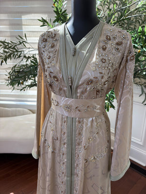 Elegant Champagne Beige Embroidered Moroccan Kaftan