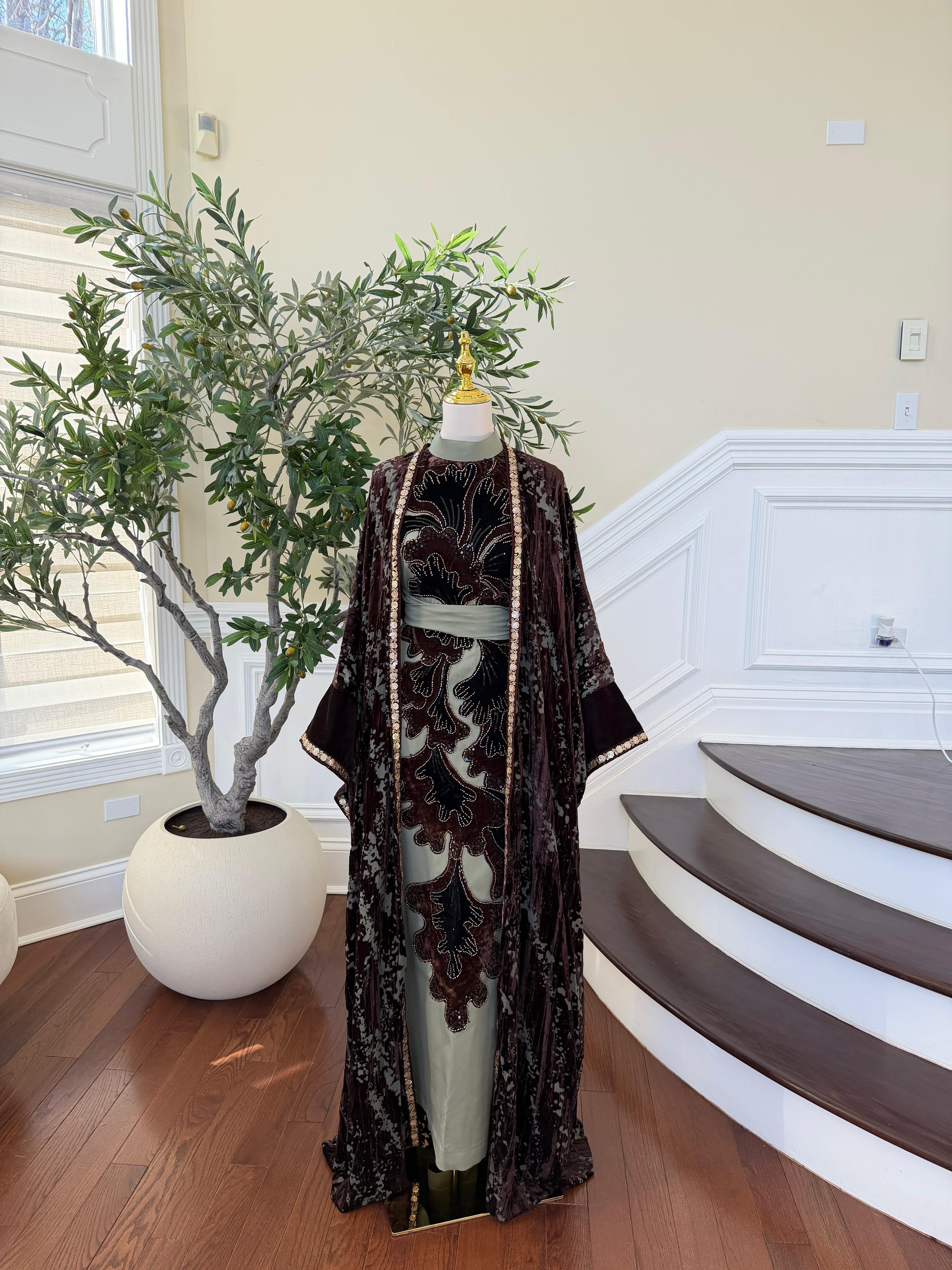 Olive Green Brown Two Piece Abaya