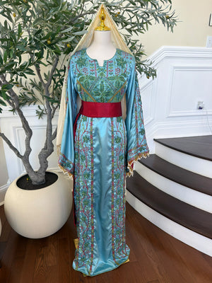 Elegant Sky Blue Satin Thobe with Intricate Green and Pink Floral Embroidery, Burgundy Belt(scarf not included)