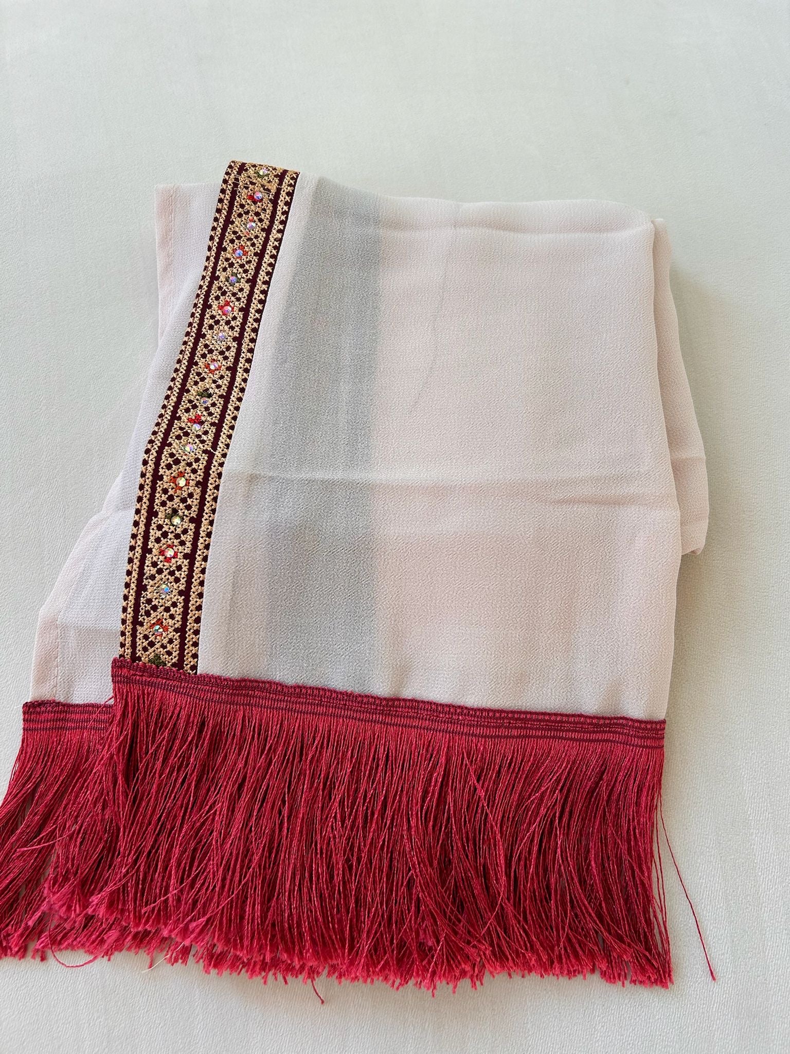 Cream / Red Tatreez Khirka Shal Mandil