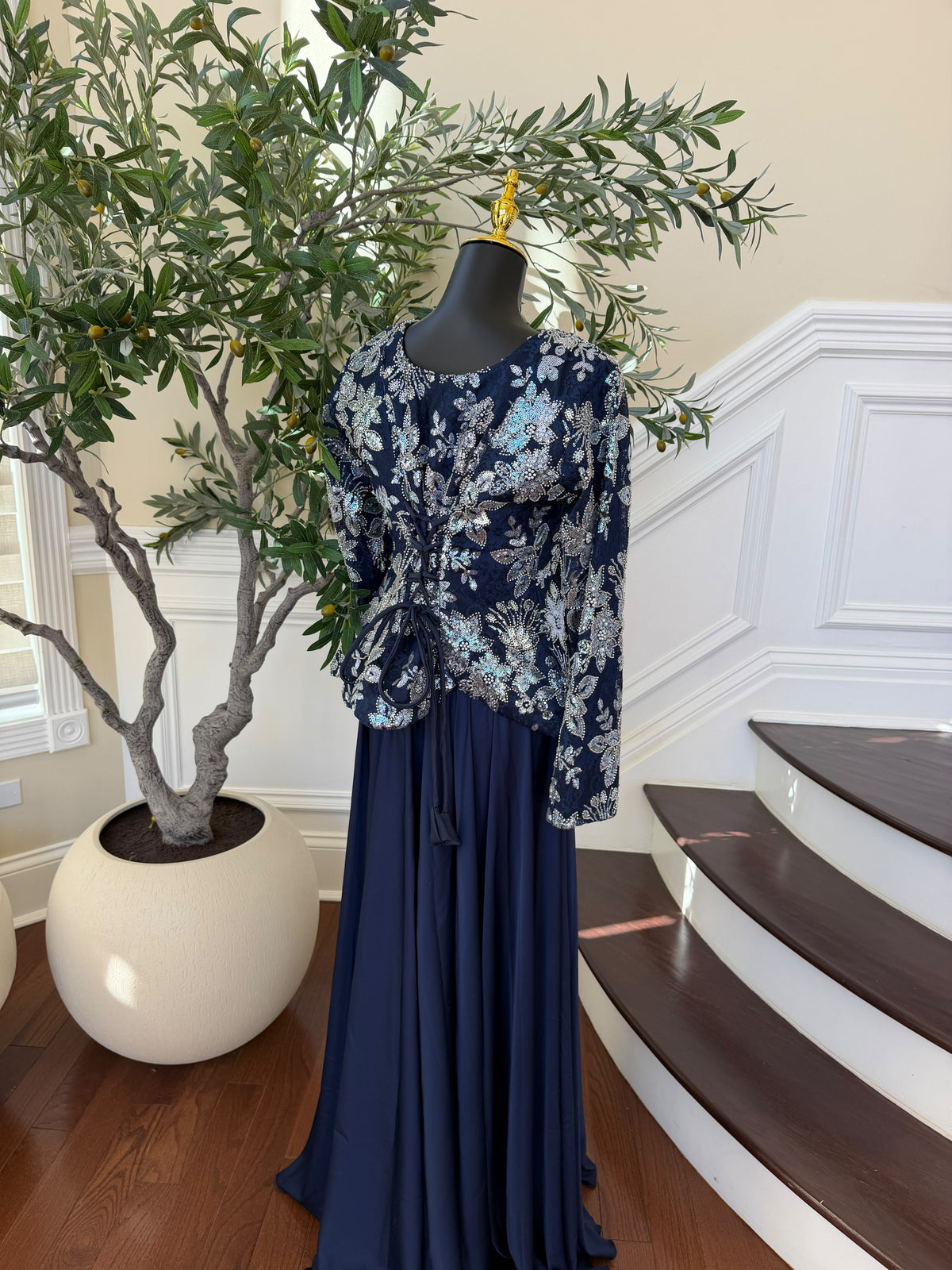 Elegant Navy Blue Evening Gown with Shimmering Silver & Blue Floral Embroidery